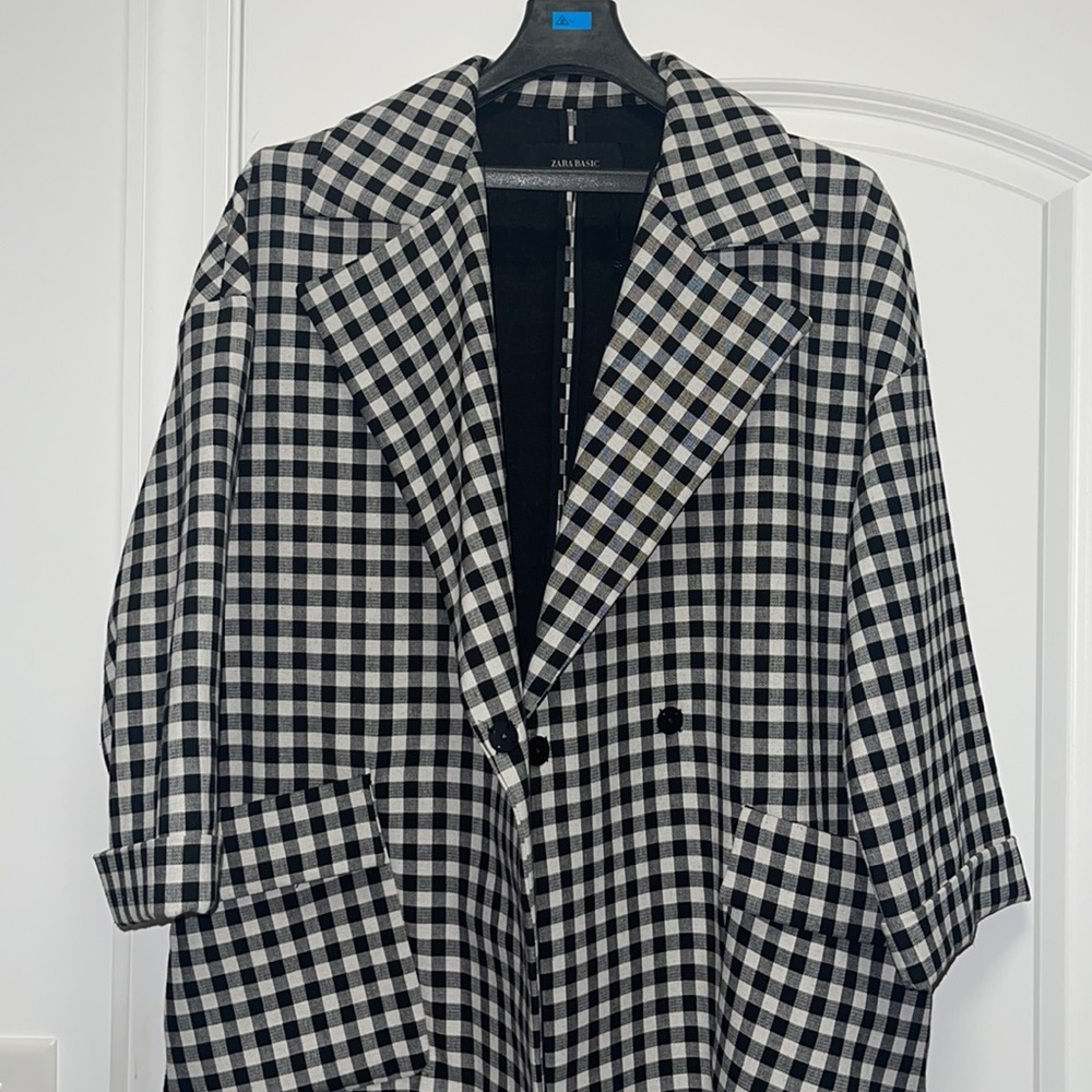 Zara Black and White Gingham Trench Coat - Picture 2 of 5